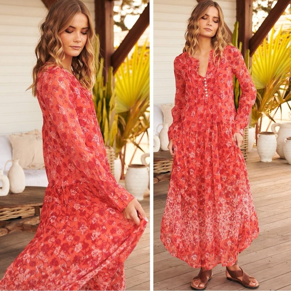 Free People "See It Through" Floral Print Chiffon Maxi Dress in Coral Combo